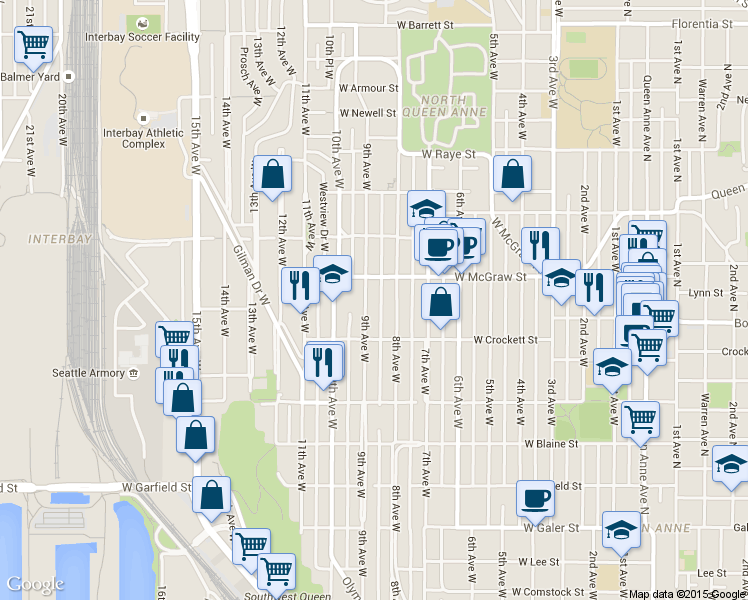 map of restaurants, bars, coffee shops, grocery stores, and more near 2126 9th Avenue West in Seattle