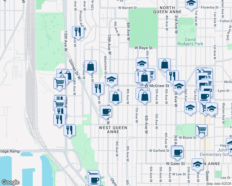 map of restaurants, bars, coffee shops, grocery stores, and more near 2126 10th Avenue West in Seattle