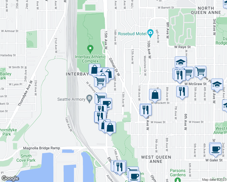 map of restaurants, bars, coffee shops, grocery stores, and more near 2060 14th Avenue West in Seattle