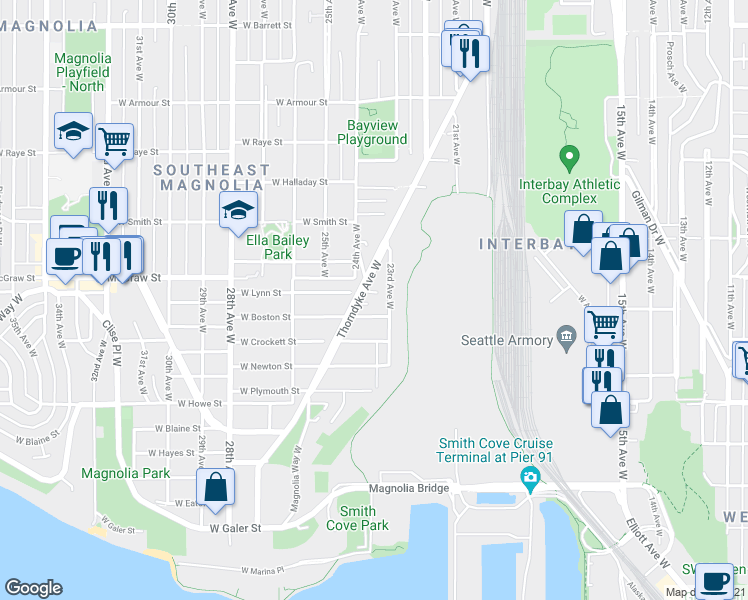 map of restaurants, bars, coffee shops, grocery stores, and more near 2302 West Boston Street in Seattle