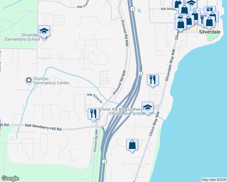 map of restaurants, bars, coffee shops, grocery stores, and more near 4707 Northwest Walgren Drive in Silverdale