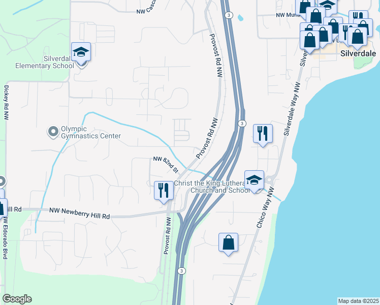 map of restaurants, bars, coffee shops, grocery stores, and more near 4707 Northwest Walgren Drive in Silverdale