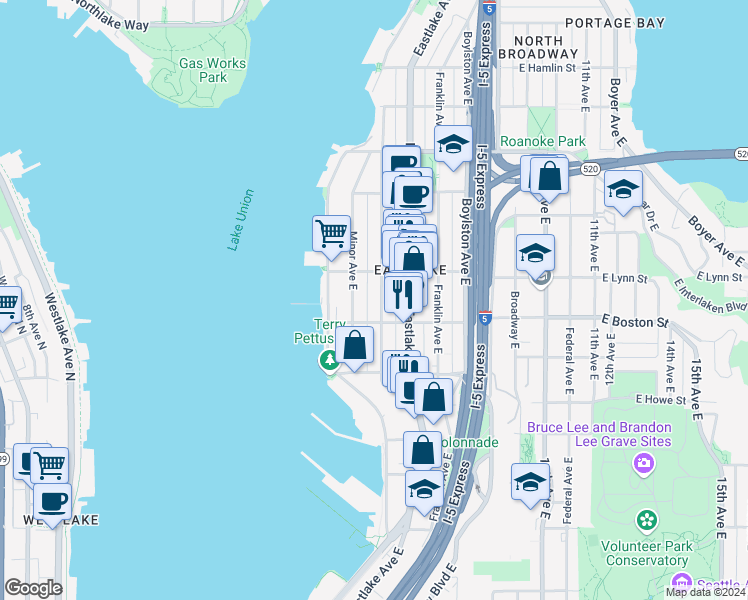 map of restaurants, bars, coffee shops, grocery stores, and more near 2221 Yale Avenue East in Seattle