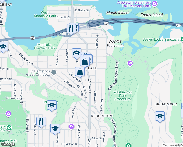 map of restaurants, bars, coffee shops, grocery stores, and more near 2400 East Boston Street in Seattle