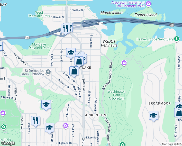 map of restaurants, bars, coffee shops, grocery stores, and more near 2206 25th Avenue East in Seattle