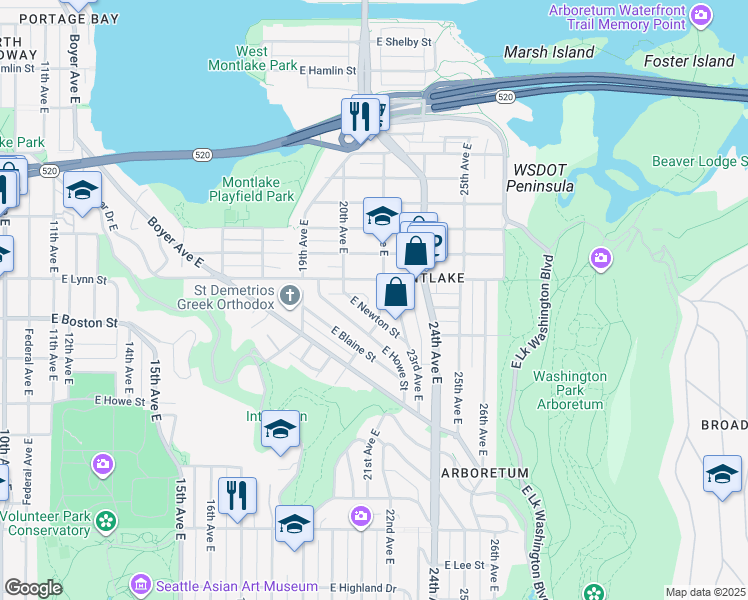 map of restaurants, bars, coffee shops, grocery stores, and more near 2205 22nd Avenue East in Seattle