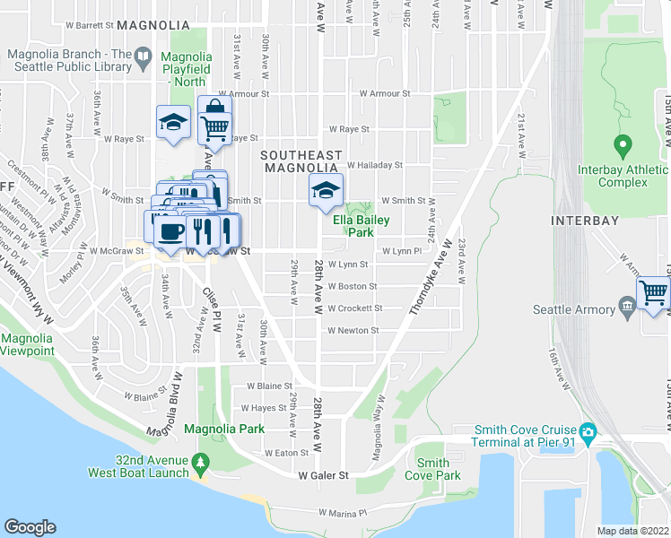 map of restaurants, bars, coffee shops, grocery stores, and more near 2641 West Lynn Street in Seattle