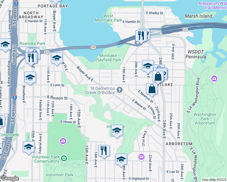 map of restaurants, bars, coffee shops, grocery stores, and more near 2133 Boyer Avenue East in Seattle