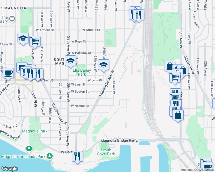 map of restaurants, bars, coffee shops, grocery stores, and more near 2218 Thorndyke Avenue West in Seattle