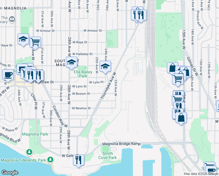 map of restaurants, bars, coffee shops, grocery stores, and more near 2220 Thorndyke Avenue West in Seattle