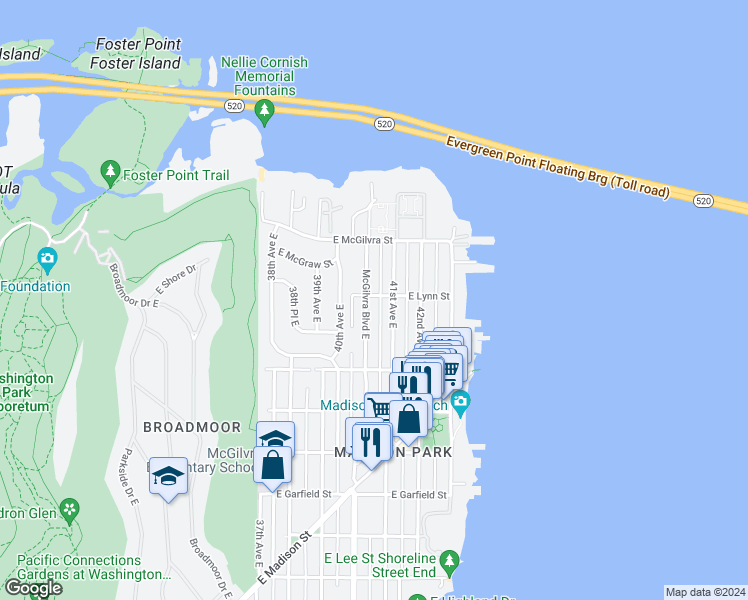 map of restaurants, bars, coffee shops, grocery stores, and more near 2070 McGilvra Boulevard East in Seattle