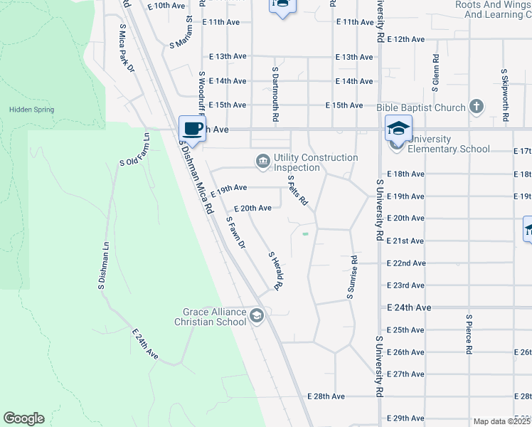 map of restaurants, bars, coffee shops, grocery stores, and more near 2023 South Herald Road in Spokane Valley