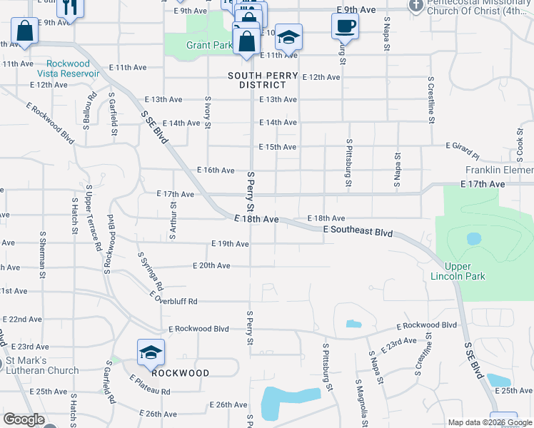 map of restaurants, bars, coffee shops, grocery stores, and more near 1504 East 18th Avenue in Spokane