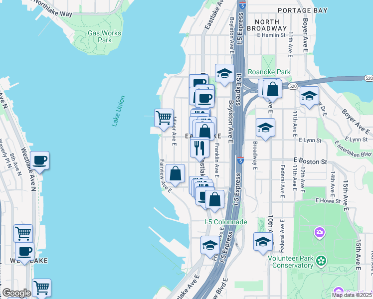 map of restaurants, bars, coffee shops, grocery stores, and more near 2200 Minor Avenue East in Seattle
