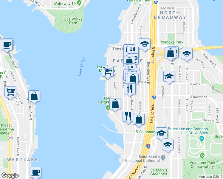 map of restaurants, bars, coffee shops, grocery stores, and more near 58 East Boston Street in Seattle