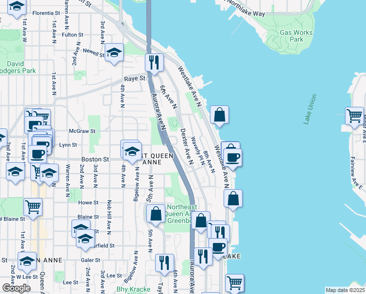 map of restaurants, bars, coffee shops, grocery stores, and more near 2137 Dexter Avenue North in Seattle