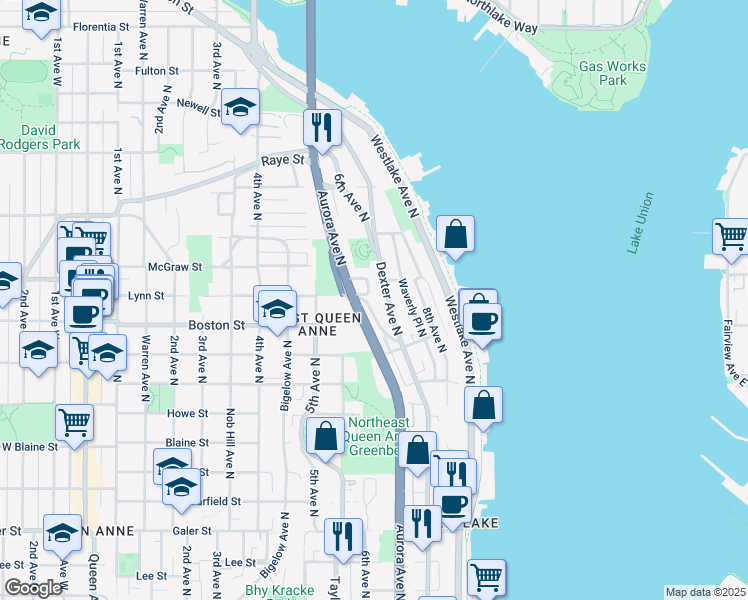 map of restaurants, bars, coffee shops, grocery stores, and more near 2137 Dexter Avenue North in Seattle