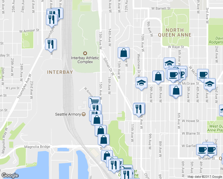 map of restaurants, bars, coffee shops, grocery stores, and more near 2060 14th Avenue West in Seattle