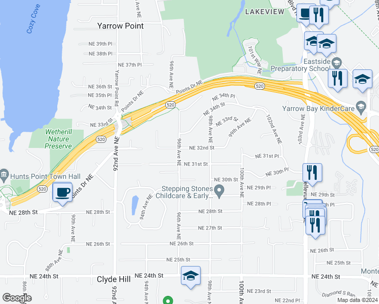 map of restaurants, bars, coffee shops, grocery stores, and more near 9617 Northeast 32nd Street in Clyde Hill