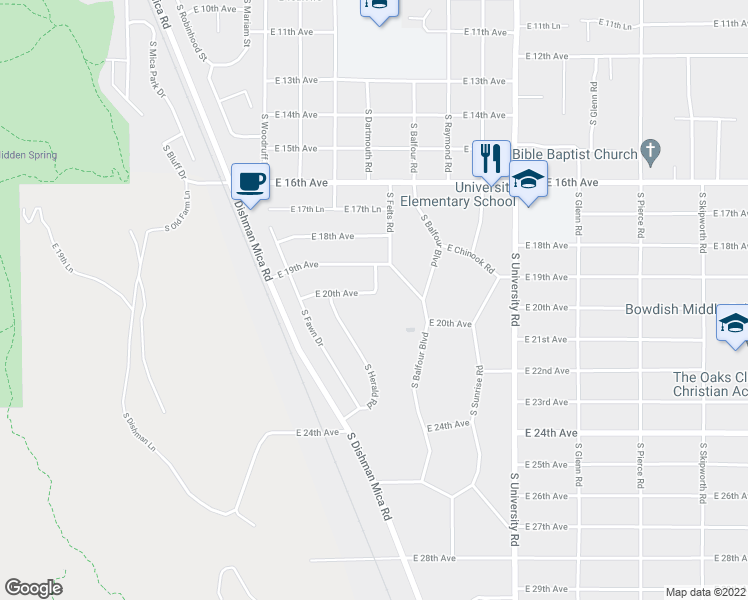 map of restaurants, bars, coffee shops, grocery stores, and more near 10206 East 20th Avenue in Spokane Valley