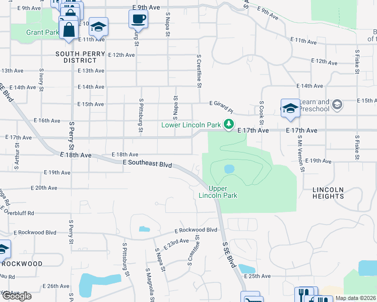 map of restaurants, bars, coffee shops, grocery stores, and more near 2108 East 18th Avenue in Spokane