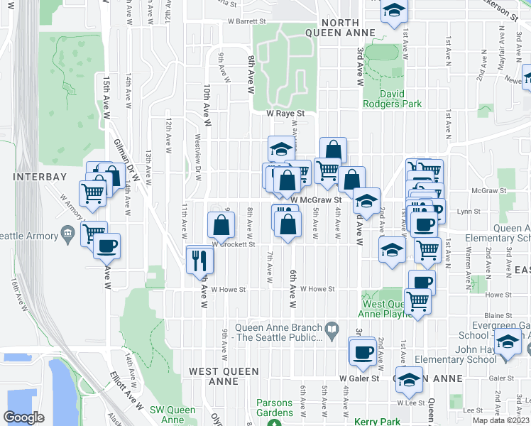 map of restaurants, bars, coffee shops, grocery stores, and more near 2143 7th Avenue West in Seattle