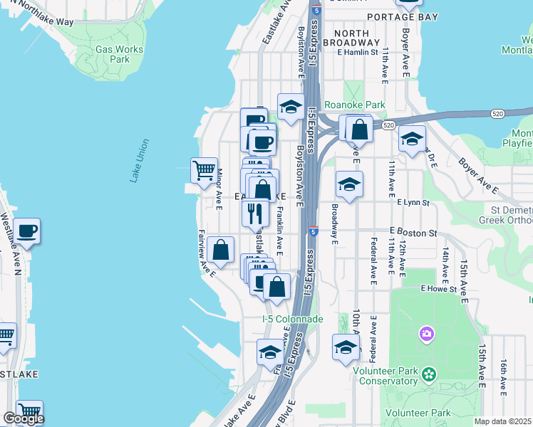map of restaurants, bars, coffee shops, grocery stores, and more near 218 East Boston Street in Seattle