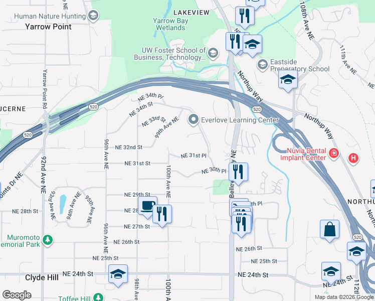 map of restaurants, bars, coffee shops, grocery stores, and more near 10047 Northeast 31st Place in Bellevue