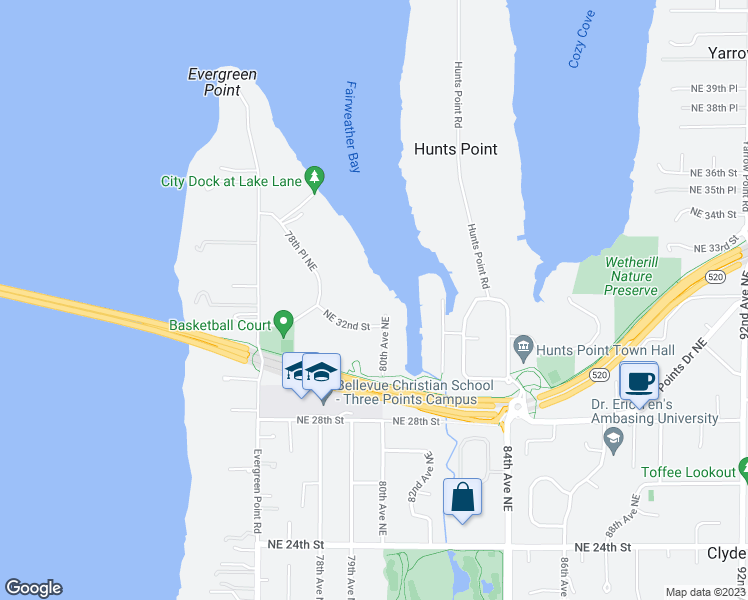 map of restaurants, bars, coffee shops, grocery stores, and more near 7940 Northeast 32nd Street in Medina