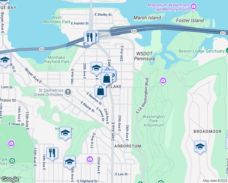 map of restaurants, bars, coffee shops, grocery stores, and more near 2415 East Boston Street in Seattle
