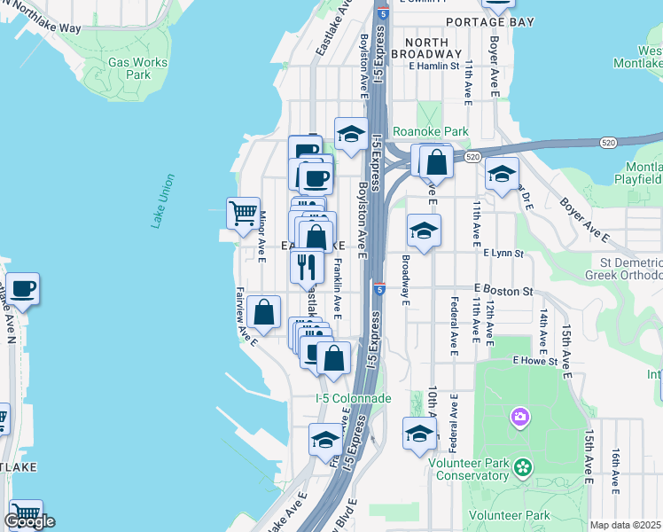 map of restaurants, bars, coffee shops, grocery stores, and more near 218 East Boston Street in Seattle