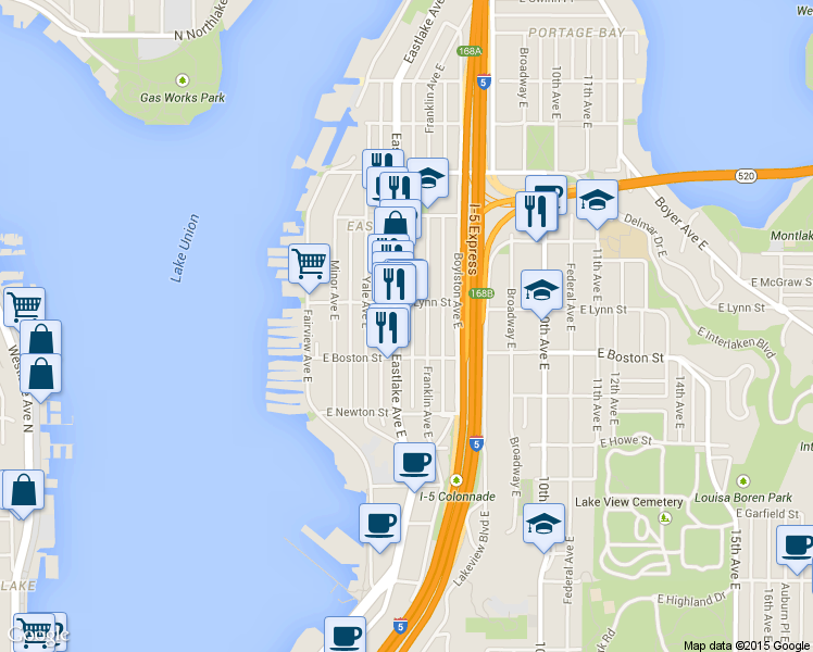 map of restaurants, bars, coffee shops, grocery stores, and more near 218 East Boston Street in Seattle