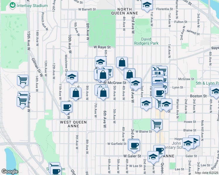 map of restaurants, bars, coffee shops, grocery stores, and more near in Seattle