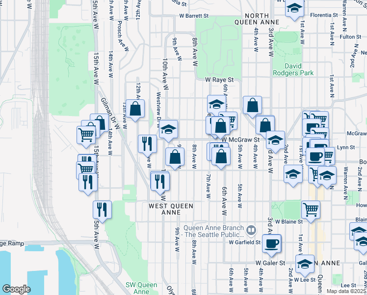 map of restaurants, bars, coffee shops, grocery stores, and more near 2126 9th Avenue West in Seattle