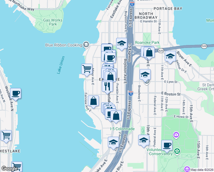 map of restaurants, bars, coffee shops, grocery stores, and more near 2225 Eastlake Avenue East in Seattle