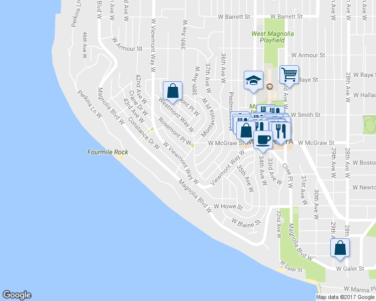 map of restaurants, bars, coffee shops, grocery stores, and more near 2301 Rosemont Place West in Seattle