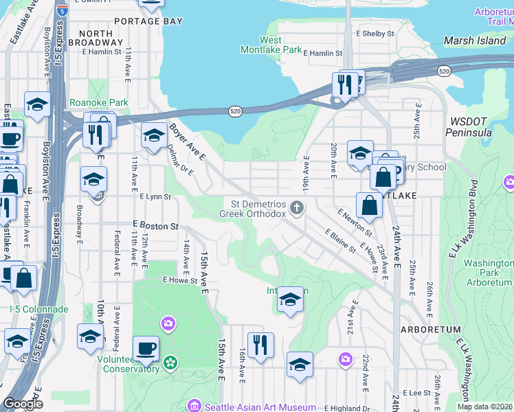 map of restaurants, bars, coffee shops, grocery stores, and more near 2211 16th Avenue East in Seattle