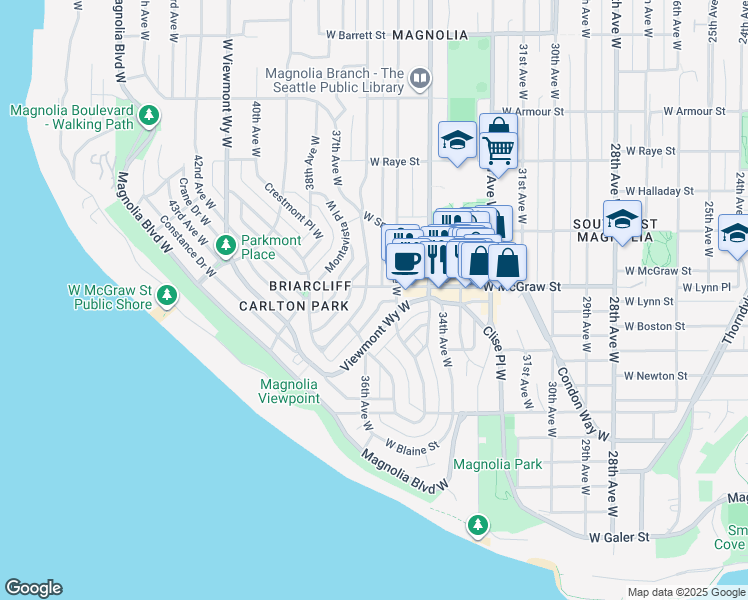 map of restaurants, bars, coffee shops, grocery stores, and more near 3555 West McGraw Street in Seattle