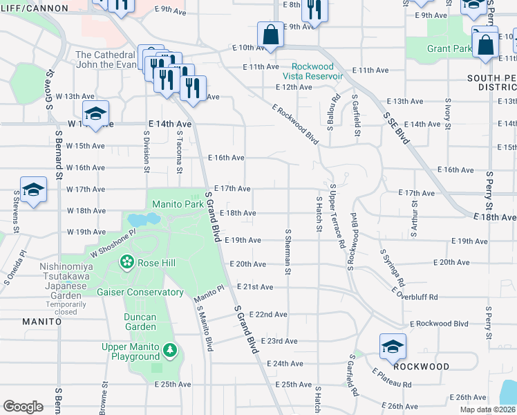 map of restaurants, bars, coffee shops, grocery stores, and more near 1820 South Latawah Street in Spokane