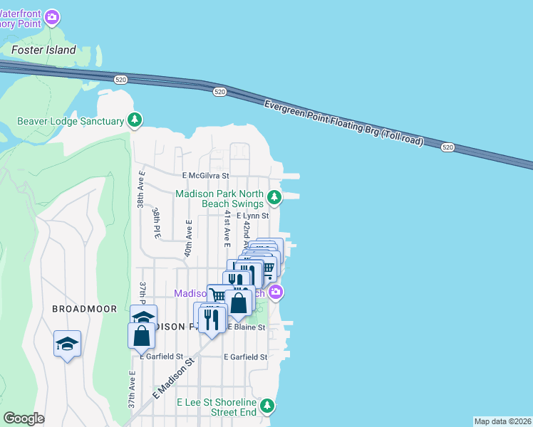 map of restaurants, bars, coffee shops, grocery stores, and more near 2047 43rd Avenue East in Seattle