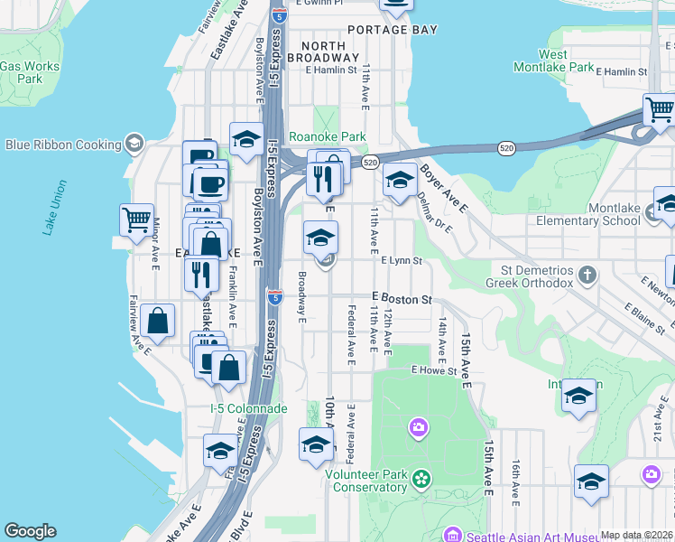 map of restaurants, bars, coffee shops, grocery stores, and more near 2202 Federal Avenue East in Seattle