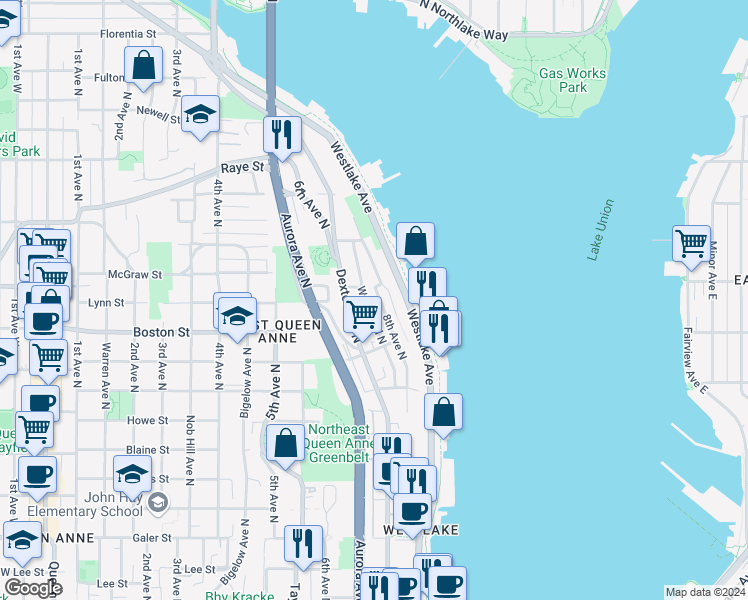 map of restaurants, bars, coffee shops, grocery stores, and more near 2121 Waverly Place North in Seattle