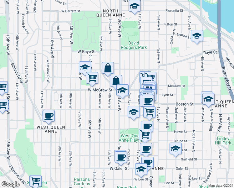 map of restaurants, bars, coffee shops, grocery stores, and more near 2200 3rd Avenue West in Seattle