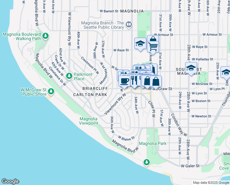 map of restaurants, bars, coffee shops, grocery stores, and more near 2275 Viewmont Way West in Seattle