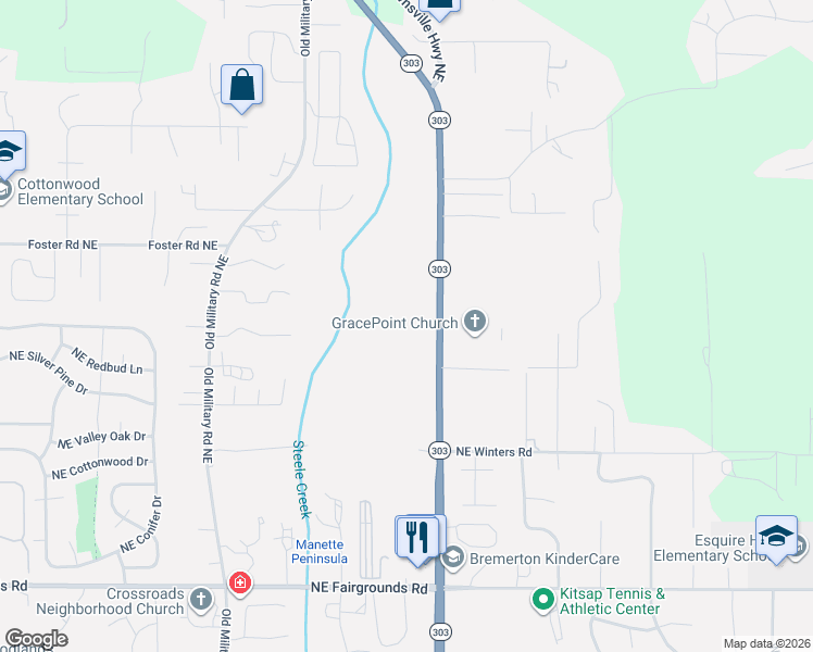map of restaurants, bars, coffee shops, grocery stores, and more near 8297 Washington 303 in Bremerton