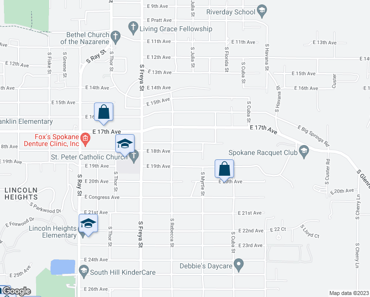 map of restaurants, bars, coffee shops, grocery stores, and more near 3825 East 18th Avenue in Spokane