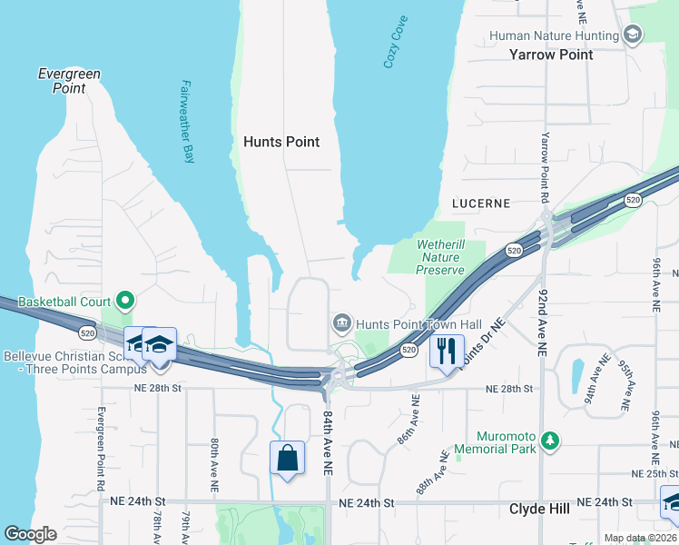 map of restaurants, bars, coffee shops, grocery stores, and more near 3226 Hunts Point Road in Hunts Point