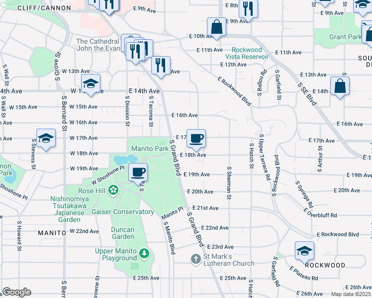 map of restaurants, bars, coffee shops, grocery stores, and more near 220 East 17th Avenue in Spokane