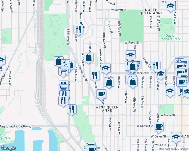 map of restaurants, bars, coffee shops, grocery stores, and more near 2408 11th Avenue West in Seattle