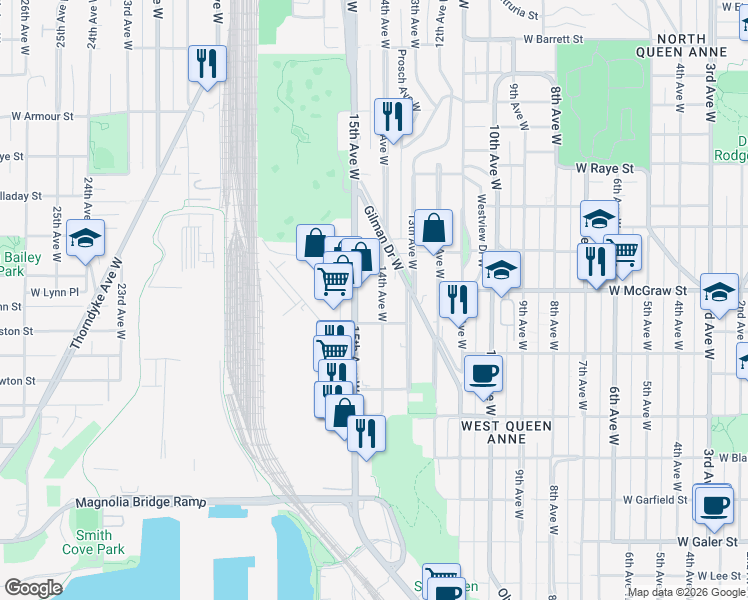 map of restaurants, bars, coffee shops, grocery stores, and more near 2246-1/2 15th Avenue West in Seattle